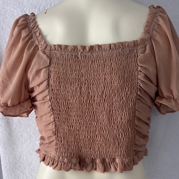 Ruched Crop Top Sheer Puff Sleeve‎ Ruffle Trim Tie Front Blouse - Picture 4 of 6